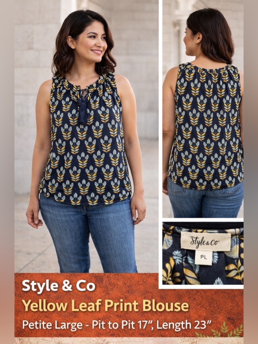 Style & Co. Yellow Leaf Print Blouse petite large pit to pit 17in length 23in